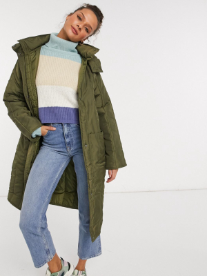 Asos Design Quilted Parka With Contrast Stitching In Khaki