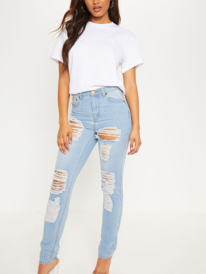 Tall Mid Wash Extreme Distressed Mom Jeans