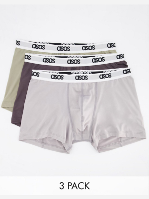 Asos Design 3 Pack Trunks In Microfiber With Asos Waistband