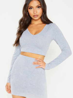 Petite Grey Jersey Long Sleeve V Neck Crop Top