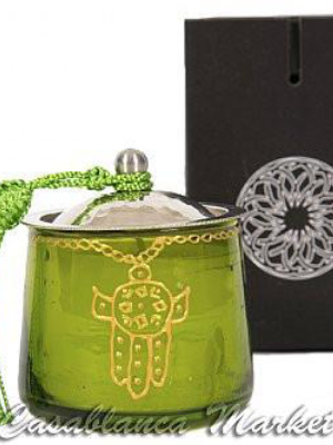 Khamsa Glass Candle, Green