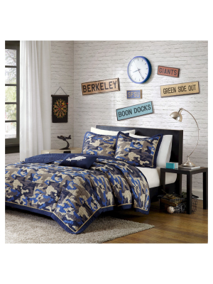 Liam Camouflage Print Quilted Coverlet Set - Blue