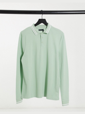 Asos Design Tipped Pique Long Sleeve Polo Shirt In Pastel Green