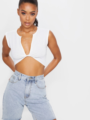 White Rib Knot Twist V Neck Crop Top