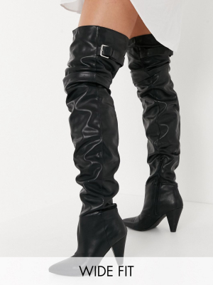 Asos Design Wide Fit Kayla Thigh High Slouch Boots In Black