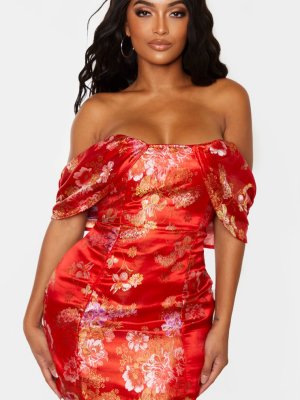 Shape Red Floral Bardot Bodycon Dress