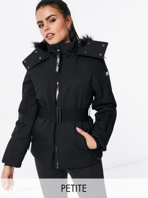 Asos 4505 Petite Ski Belted Jacket With Faux Fur Hood