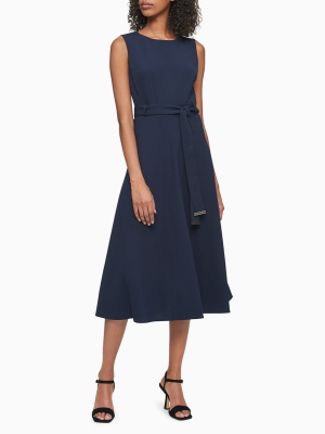 Solid Sleeveless Tie Belt Midi Dress