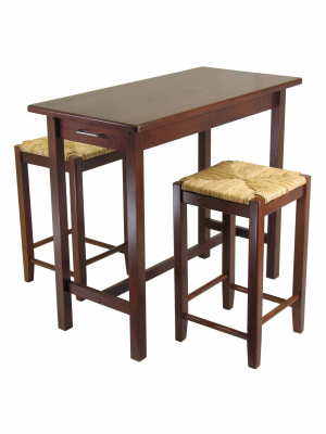 3pc Sally Breakfast Table Set With 2 Rush Seat Stools Antique Walnut - Winsome