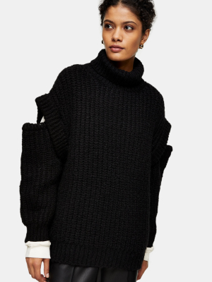 Black Split Shoulder Roll Neck Knitted Sweater