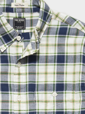 Madras Check Button Down Long Sleeve Shirt In Navy Green