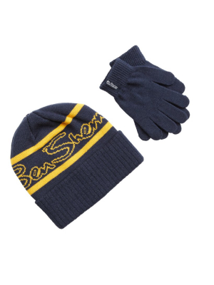 Kids' Jacquard Logo Hat & Gloves Set - Navy With Yellow Stripe