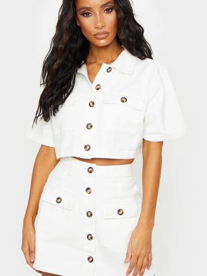 White Button Up Pocket Detail Denim Short...