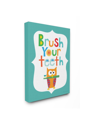 Brush Your Teeth With Owl On Blue Background Oversized Stretched Canvas Wall Art (30"x40"x1.5") - Stupell Industries