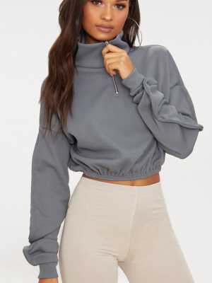 Grey Rib Zip Front Long Sleeve Sweater