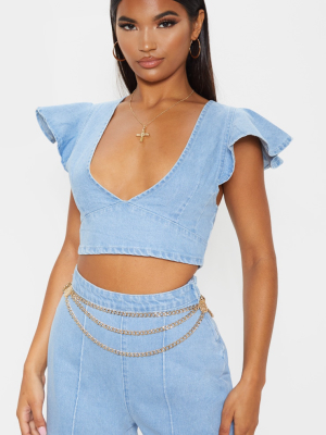 Light Wash Flared Sleeve Crop Top