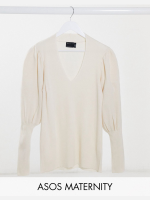 Asos Design Maternity V Neck Sweater With Volume Sleeve In Cream