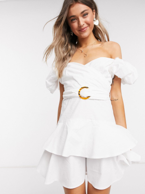 Outrageous Fortune Puff Sleeve Wrap Over Ruffle Mini Dress In White