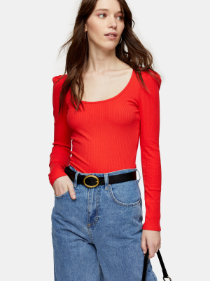 Red Long Sleeve Sqaure Neck Puff Top