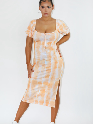 Orange Tie Dye Puff Sleeve Midi Smock Dress