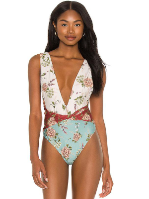 Boho Floral High Cut Twist Front Deep V Brazilian One Piece Swimsuit