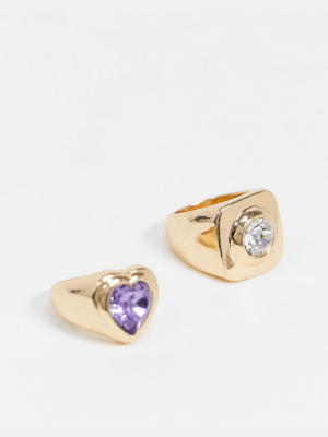 Asos Design Pack Of 2 Rings With Chunky Crystal Stones In Gold Tone