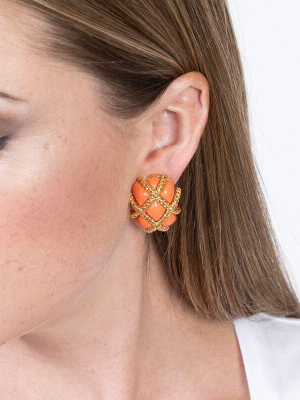 Gold Trim Coral Quilted Clip Earrings