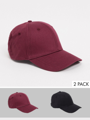 Asos Design 2-pack Baseball Cap In Black And Burgundy Cotton