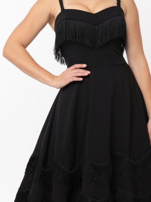 Unique Vintage Black Fringe Girlie Swing Dress