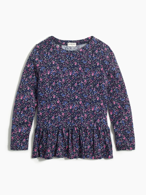 Girls' Long-sleeve Floral Ruffle-back Peplum Tee