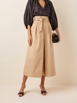 Belted Pleated Cotton-gabardine Midi Skirt