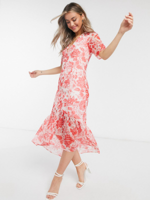 Hope & Ivy Button Front Midaxi Dress With Ruffle Hem In Red Floral