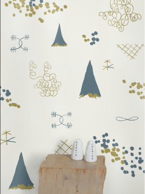 Family Reunion Wallpaper In Aquatic And Gold By Thatcher Studio