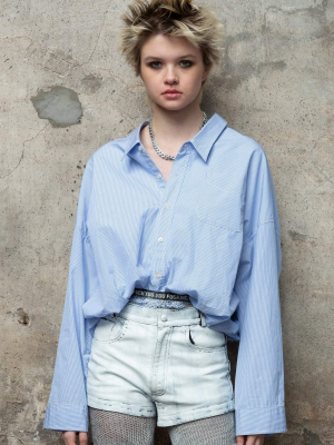 Gathered Hem Shirt - Light Blue Pinstripe