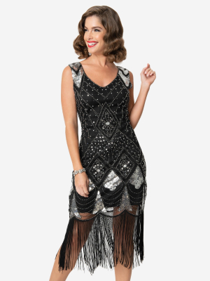 Unique Vintage Black & Silver Sequin Lina Fringe Flapper Dress