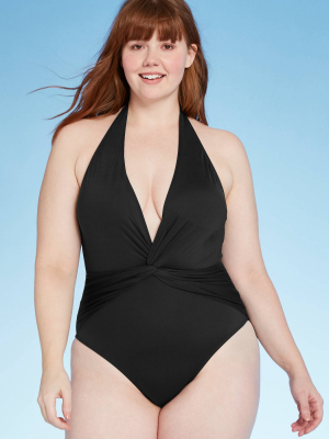 Women's Plunge Neck Drape Medium Coverage One Piece Swimsuit - Kona Sol™ Black