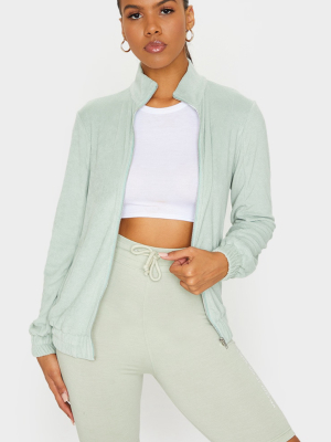 Sage Green Towelling Zip Up Sweatshirt