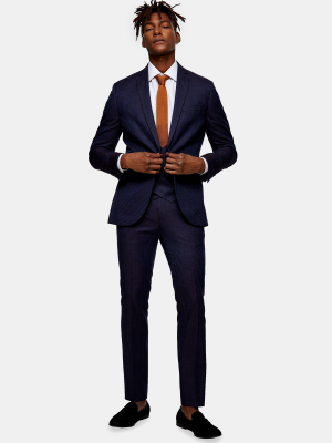 2 Piece Navy Check Skinny Fit Suit With Notch Lapels