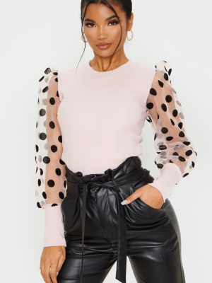 Nude Polka Dot Organza Sleeve Top