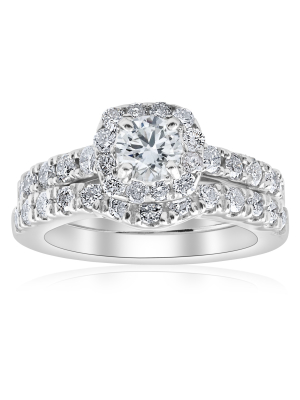 Pompeii3 1 1/4ct Cushion Halo Diamond Engagement Matching Wedding Ring Set 14k White Gold