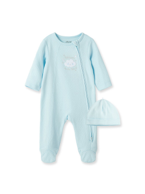 New Blue Welcome To The World Footed One-piece & Hat