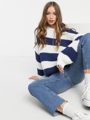 In The Style X Billie Faiers Oversized Contrast Knitted Sweater In Navy Stripe