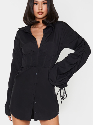 Black Corset Ruched Sleeve Shirt Dress