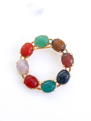 Vintage Semi Precious Gemstone Scarab Brooch