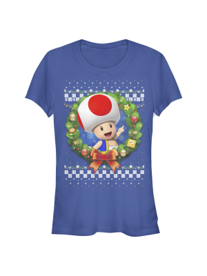 Junior's Nintendo Christmas Toad Wreath T-shirt