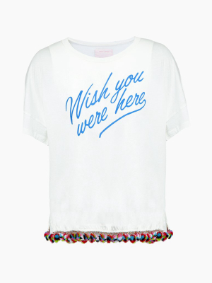 Wish You Were Here Pom Pom Tee - White & Blue