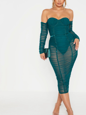 Jasper Green Mesh Ruched Velvet Binded Bardot...