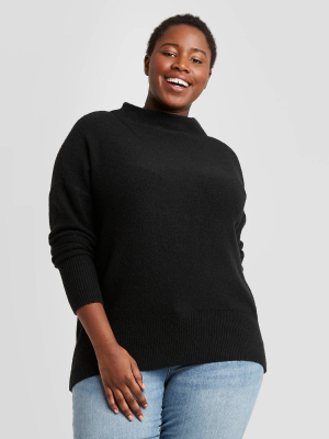 Women's Plus Size Mock Turtleneck Pullover Sweater - Ava & Viv™ Black