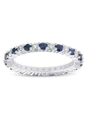 Pompeii3 1 Cttw Blue Sapphire Diamond Wedding Eternity Ring 14k White Gold