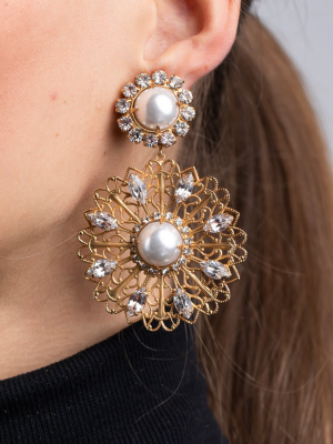 Antique Gold And Crystal Filigree Flower With White Pearl Center Clip Earrings